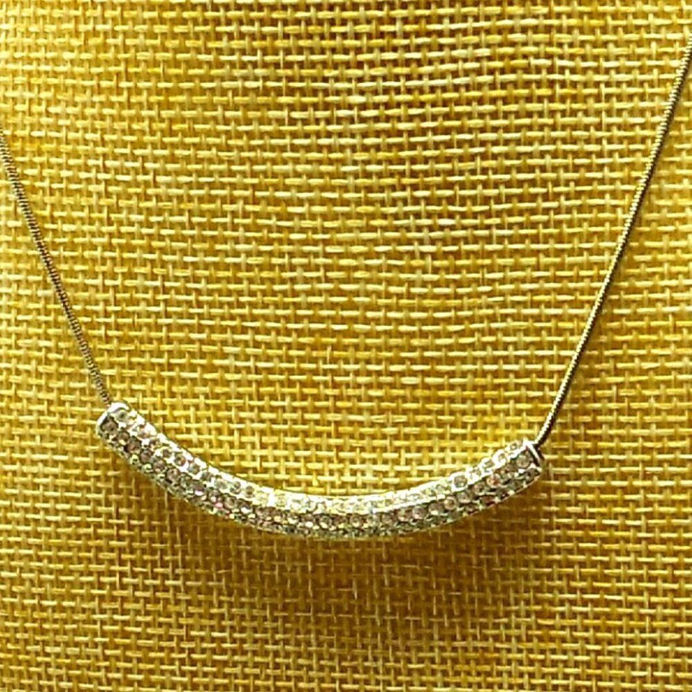 Silver-tone Snake Chain Necklace with Curved Pavé Crystal Rhinestone Bar